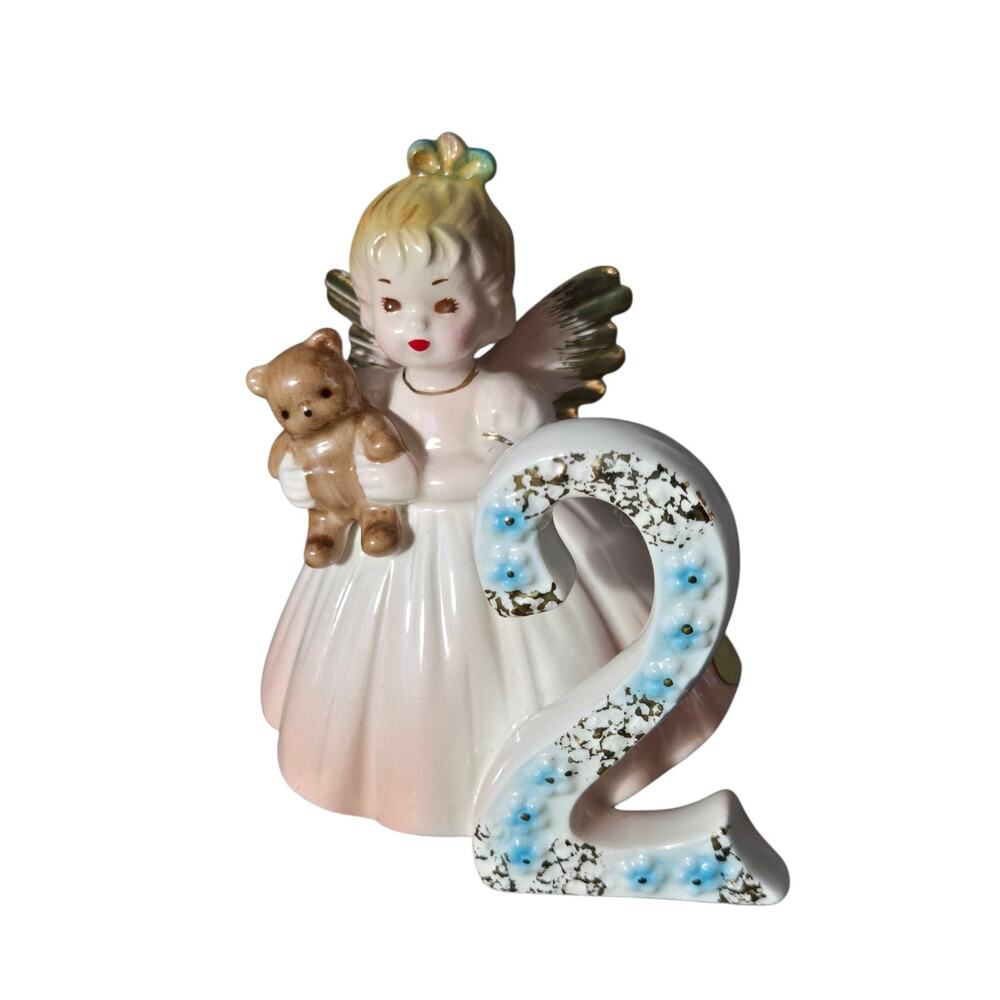 Vintage Josef Originals Birthday Angel Girl Figurine 2 Year Old w/ Teddy Bear